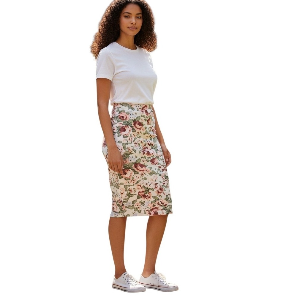 Guess Womens Floral‎ Rose Print Pencil Skirt Pink Green Cream Size M Stretch Zip